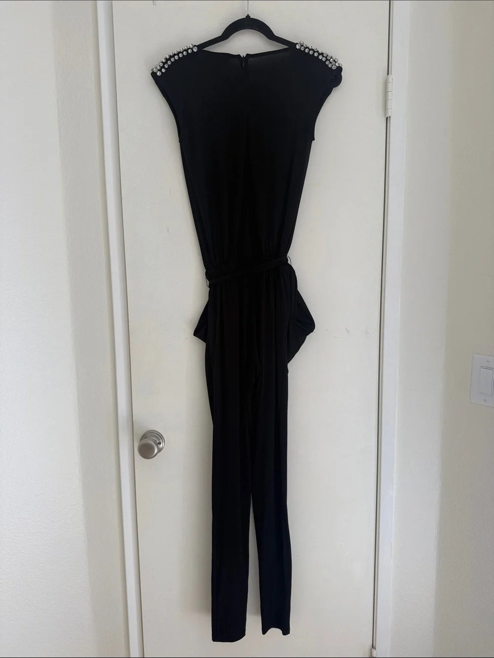 Michael Kors Black Jumpsuit with Pearl-Trim Shoulders with rhinestones size XXS